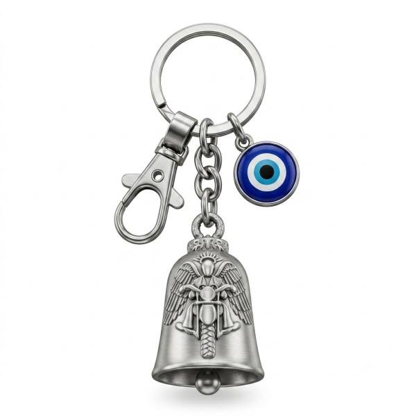 Evil Eye Guardian Bell Keychain – Biker Good Luck Bell with Evil Eye Charm | Ride Safe Protection Gift for Husband, Dad keychain alternate view